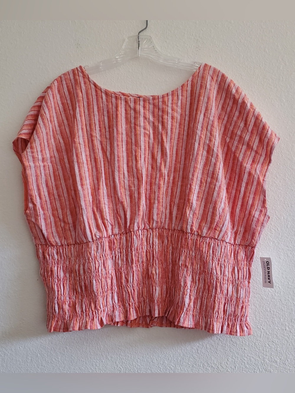 Old Navy Coral-Pink Striped Smocked Hem Linen-Blend Top